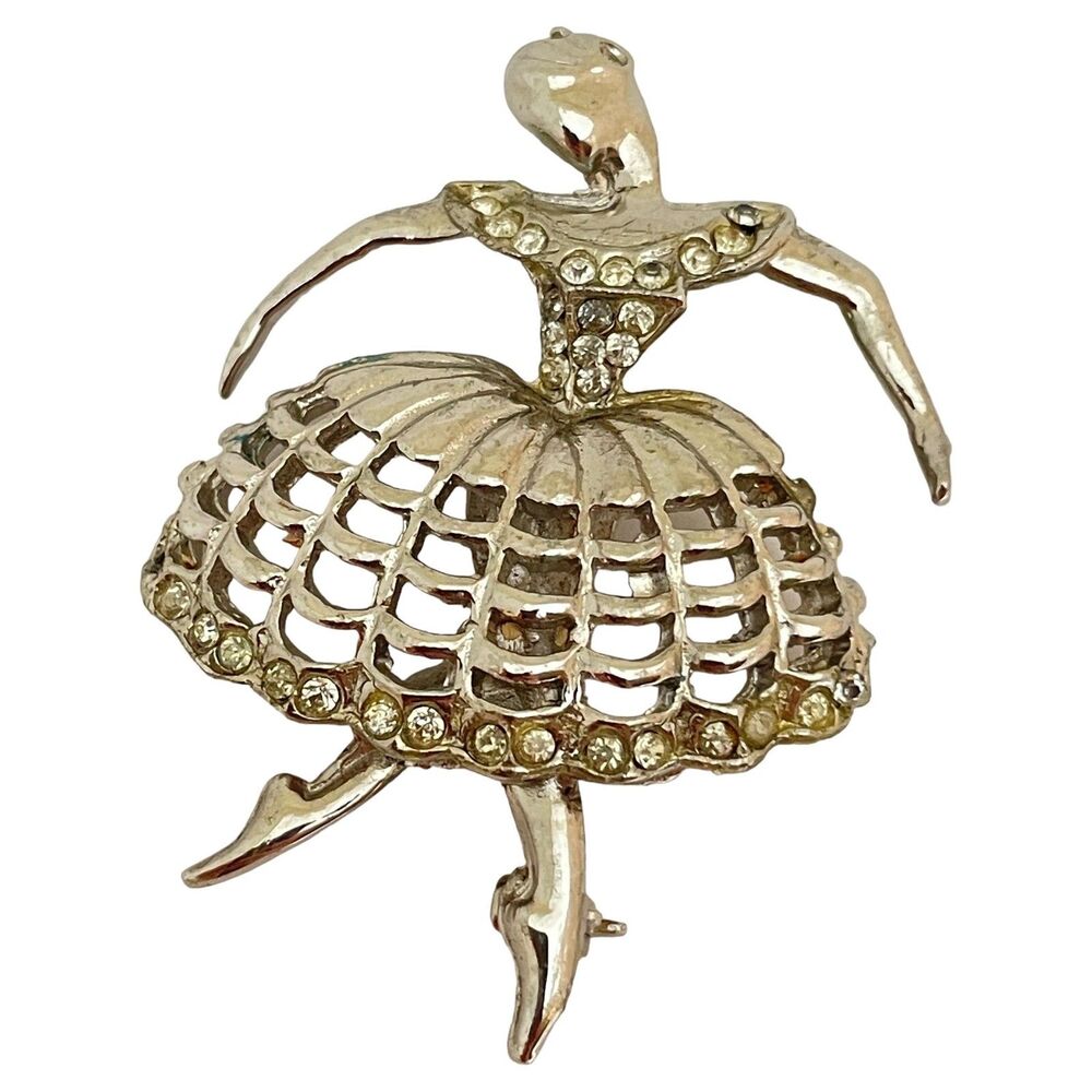 Vintage ballerina silver rhinestones designer brooch